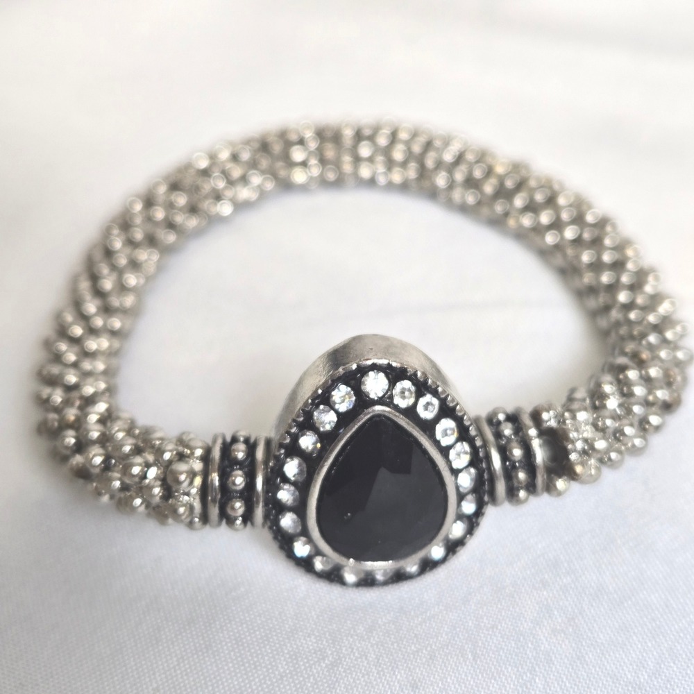 Beaded Stretch Bracelet, Silver Tone, Teardrop Stone Surrounded by Rhinestones